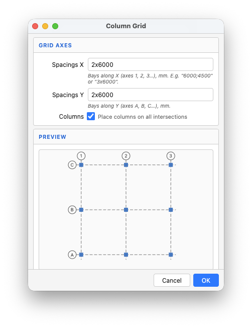 Column Grid dialog: Spacings X and Y fields, and a preview with numbered axis bubbles (1–6) across and lettered ones (A–E) down, columns at every intersection.