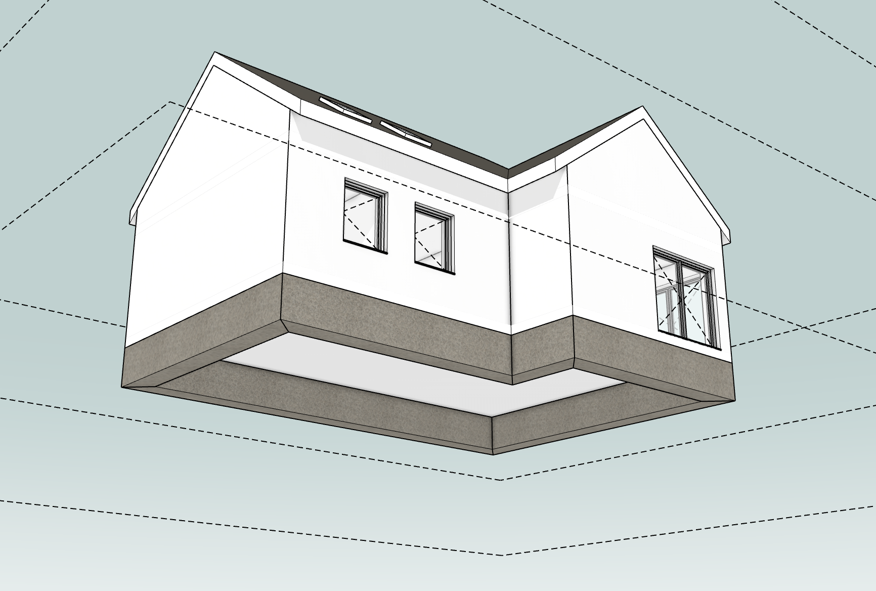 Walls of a house seen from below, with strip footings generated under them.