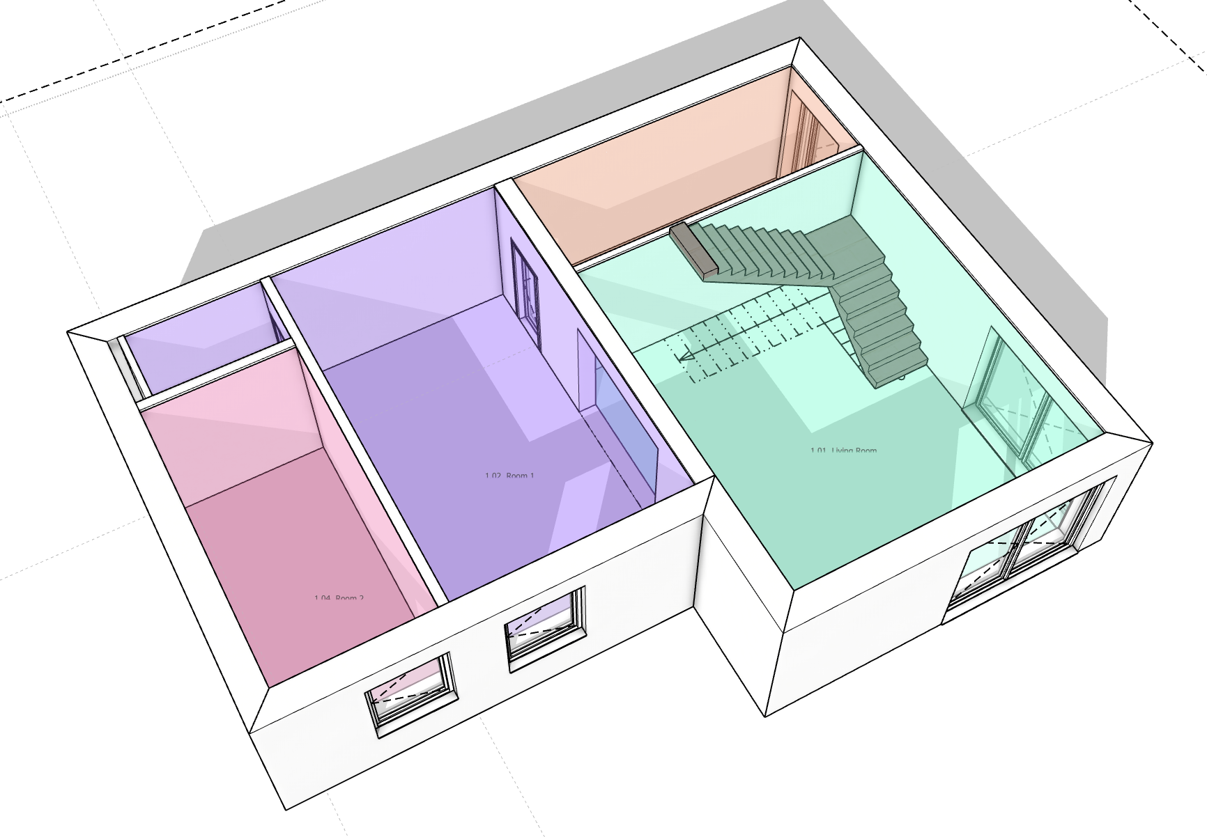 A storey of coloured zones seen from above at a slight angle, each numbered and named — 1.01 Living Room, 1.02 Room 1, 1.04 Room 2.