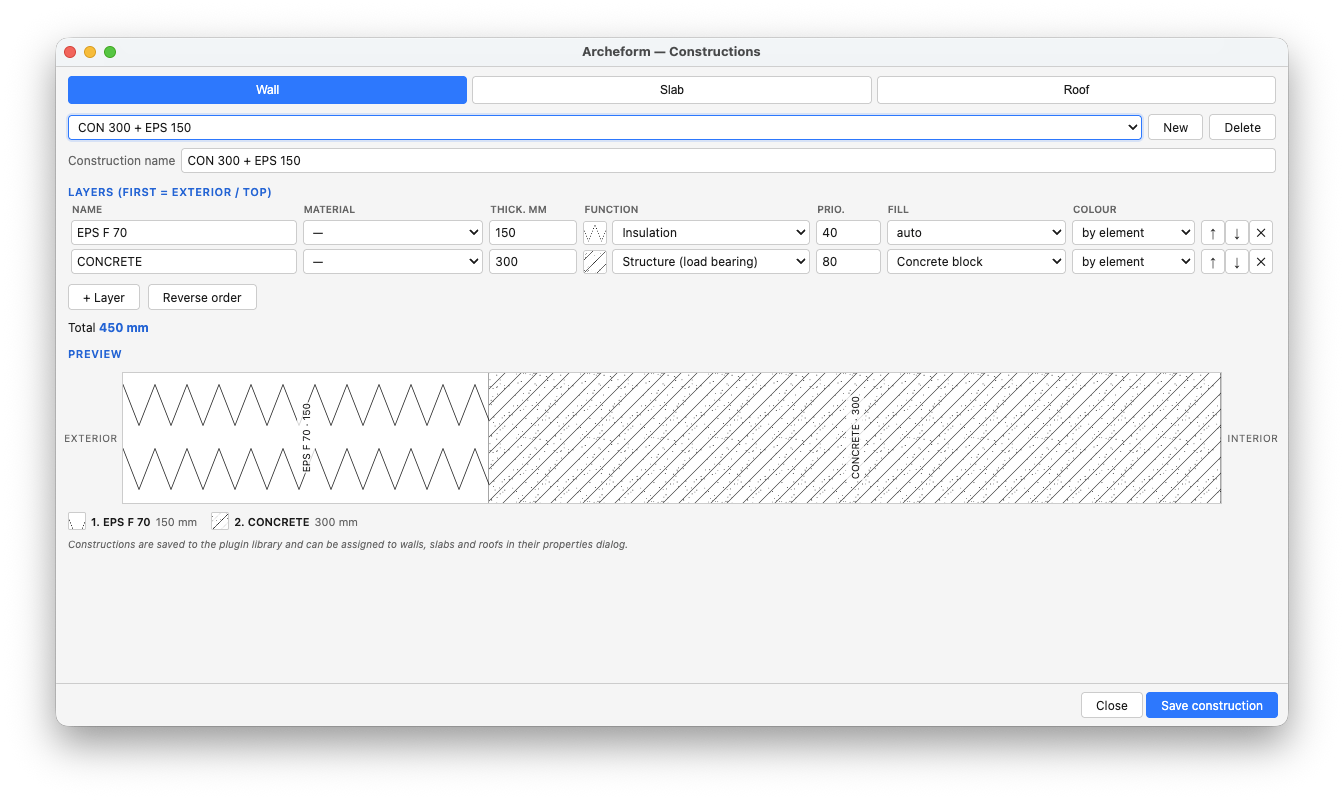 The Constructions dialog: a two-layer wall build-up (EPS F 70 150 mm, Concrete 300 mm) with Thickness, Function, Priority, Fill and Colour columns, and the hatch preview strip below.