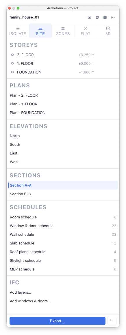 The Project palette of a family house: three storeys, their plans, four elevations, two sections, the schedules with counts, and the IFC actions.