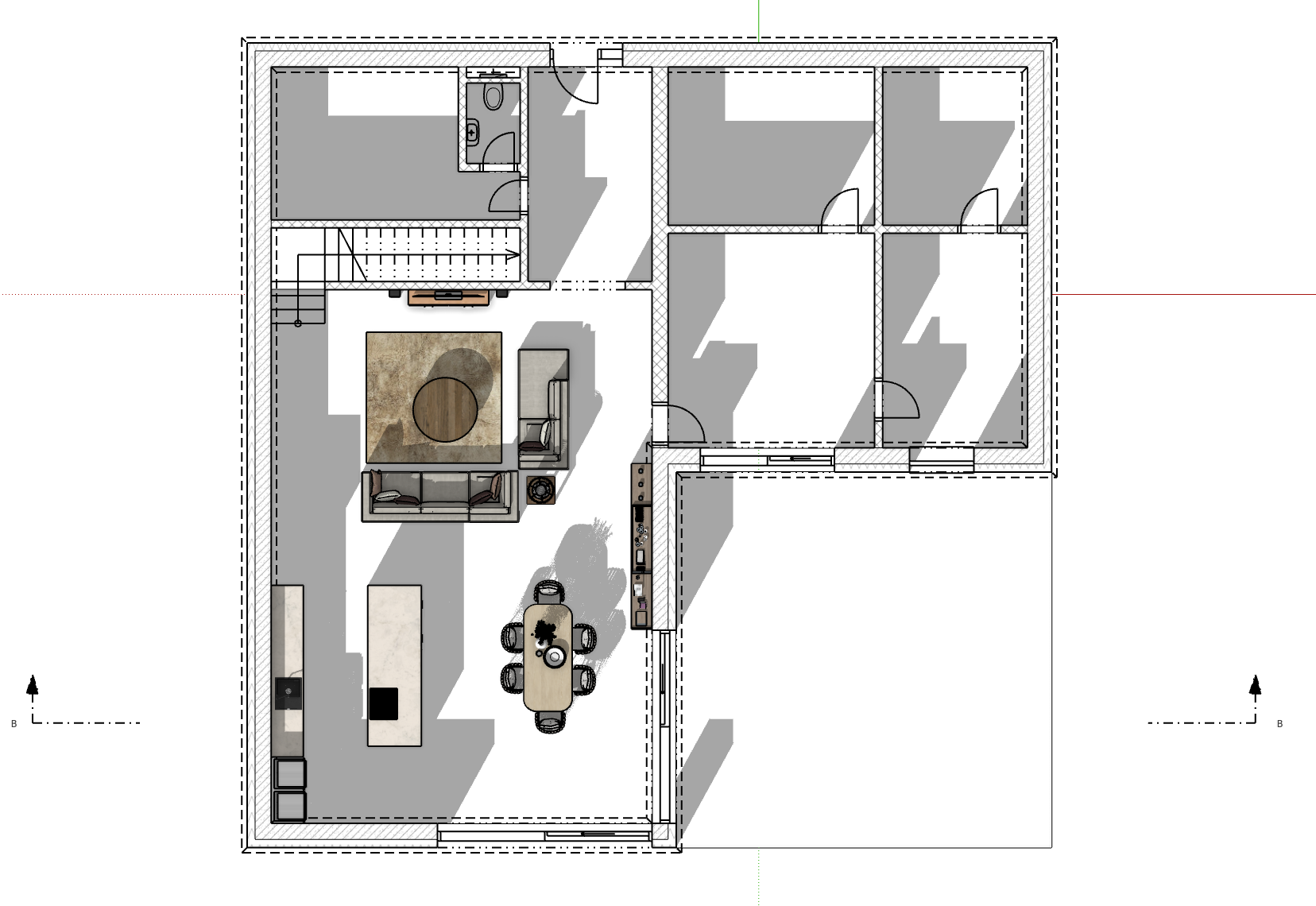 A generated plan scene of a whole floor: hatched walls, door swings and window symbols, the stair symbol, furniture, and section marks B–B.