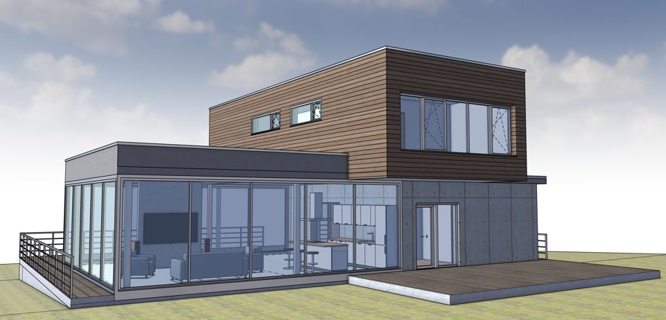The model in SketchUp: a two-storey house in glass and concrete