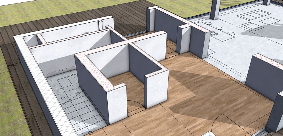 Ground floor cut open: wall layers hatched in the cut, plan symbols on the floor
