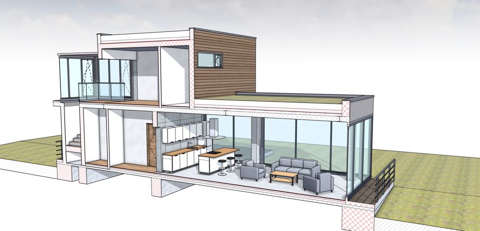 Section through the house, layers hatched automatically