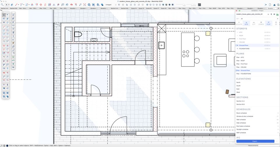 Floor plan in SketchUp with the Project palette: storeys, plans, sections, schedules and IFC export